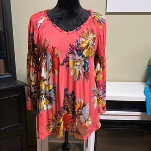 Spense Pink and Yellow Floral Bell Sleeve Blouse